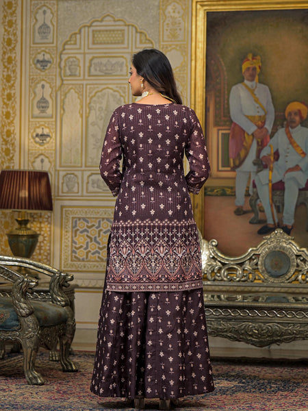 Brown Chanderi Printed Kurta Set with Dupatta