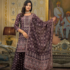 Brown Chanderi Printed Kurta Set with Dupatta