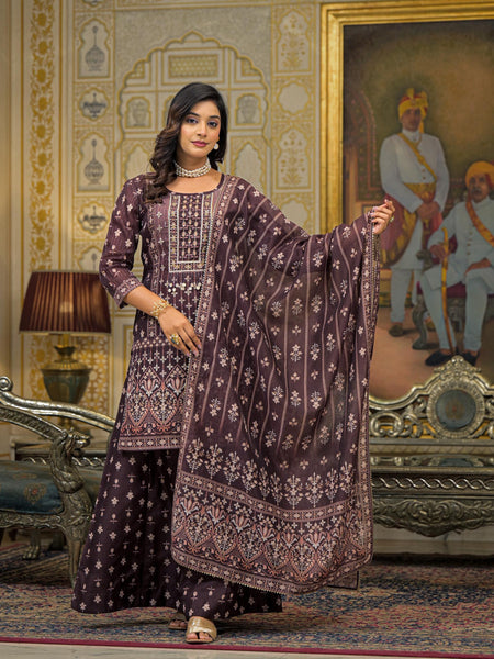 Brown Chanderi Printed Kurta Set with Dupatta