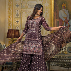 Brown Chanderi Printed Kurta Set with Dupatta