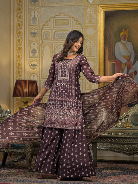 Brown Chanderi Printed Kurta Set with Dupatta