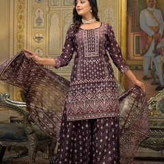 Brown Chanderi Printed Kurta Set with Dupatta