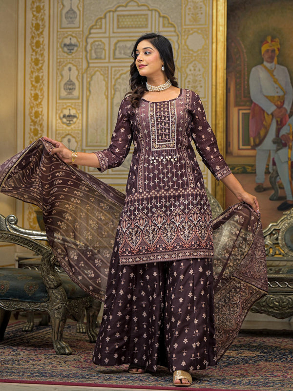 Brown Chanderi Printed Kurta Set with Dupatta