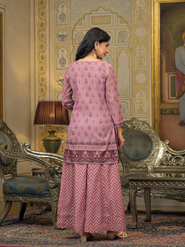 Pink Chanderi Printed Kurta Set with Dupatta
