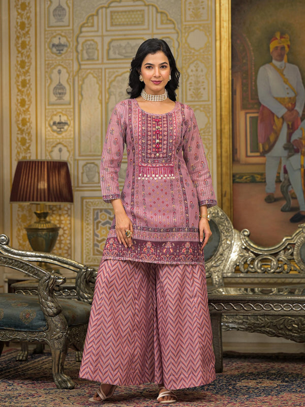 Pink Chanderi Printed Kurta Set with Dupatta