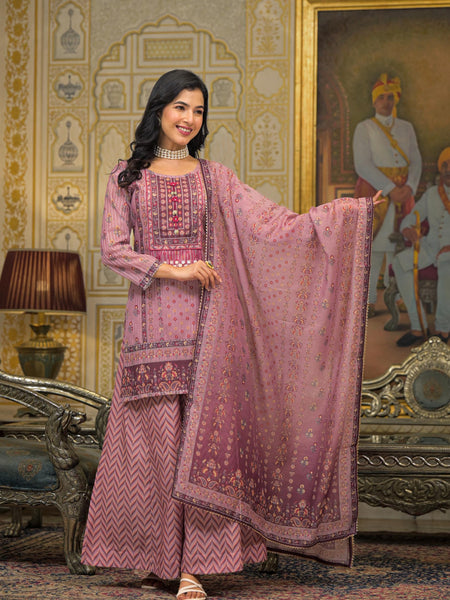 Pink Chanderi Printed Kurta Set with Dupatta