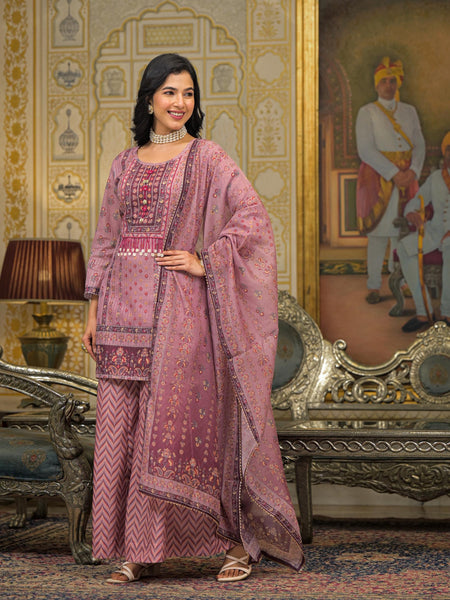 Pink Chanderi Printed Kurta Set with Dupatta