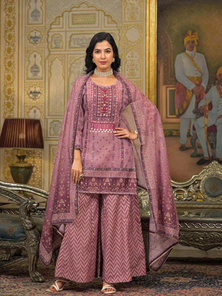 Pink Chanderi Printed Kurta Set with Dupatta