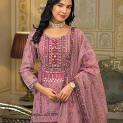 Pink Chanderi Printed Kurta Set with Dupatta