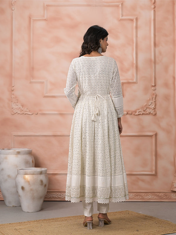 Off White Schiffli Angrakha Kurta Set with Dupatta