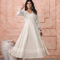 Off White Schiffli Angrakha Kurta Set with Dupatta