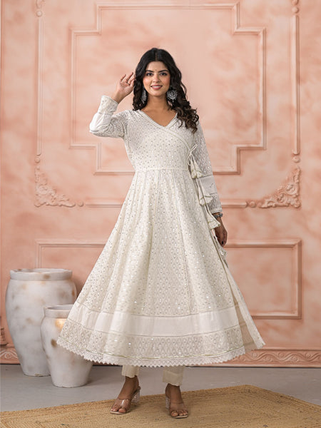 Off White Schiffli Angrakha Kurta Set with Dupatta