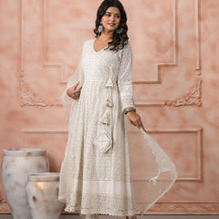Off White Schiffli Angrakha Kurta Set with Dupatta