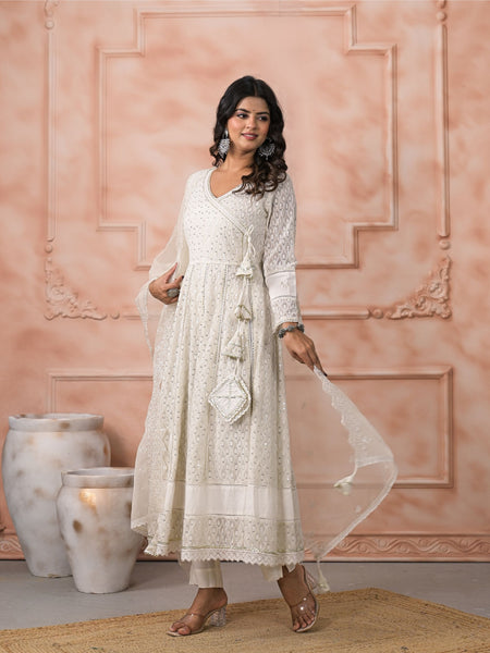 Off White Schiffli Angrakha Kurta Set with Dupatta