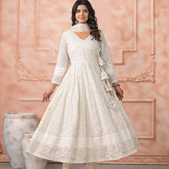 Off White Schiffli Angrakha Kurta Set with Dupatta