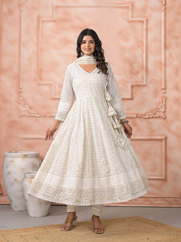 Off White Schiffli Angrakha Kurta Set with Dupatta
