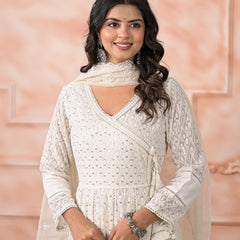 Off White Schiffli Angrakha Kurta Set with Dupatta