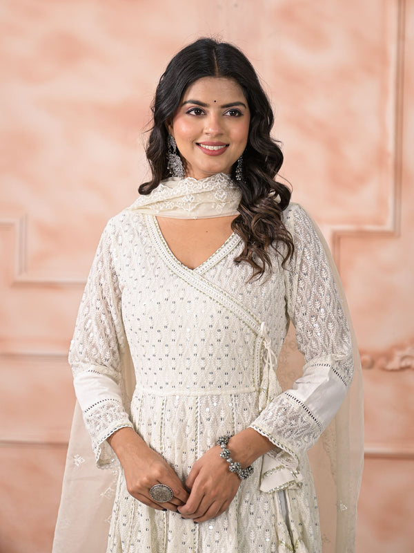 Off White Schiffli Angrakha Kurta Set with Dupatta