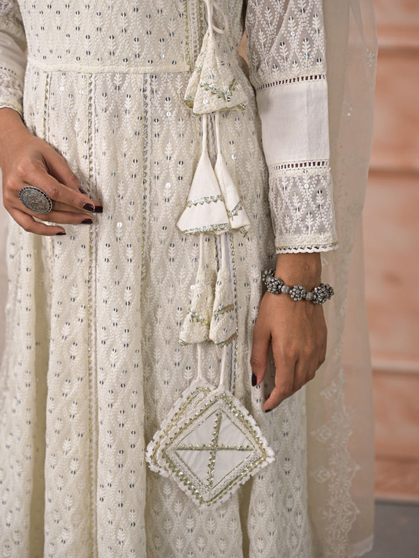Off White Schiffli Angrakha Kurta Set with Dupatta