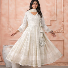 Off White Schiffli Angrakha Kurta Set with Dupatta