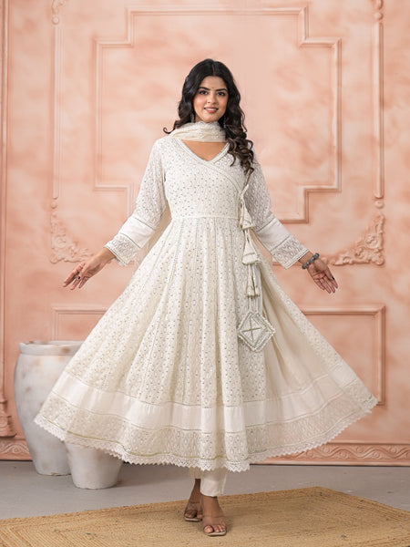 Off White Schiffli Angrakha Kurta Set with Dupatta