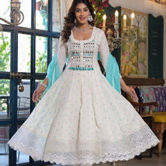 White Green Dabu Print Anarkali Kurta Set