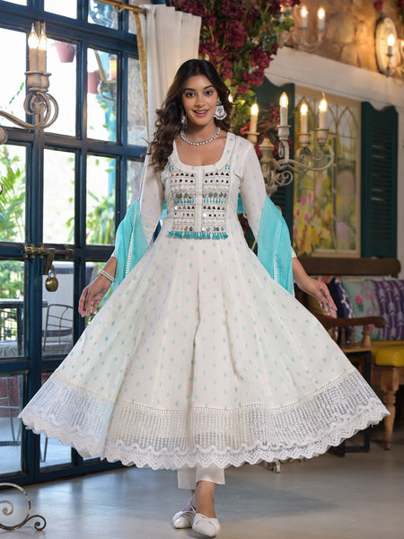 White Green Dabu Print Anarkali Kurta Set