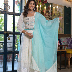 White Green Dabu Print Anarkali Kurta Set