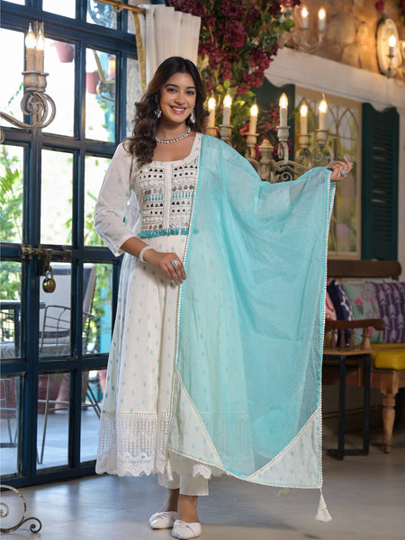 White Green Dabu Print Anarkali Kurta Set