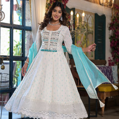 White Green Dabu Print Anarkali Kurta Set