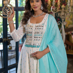 White Green Dabu Print Anarkali Kurta Set