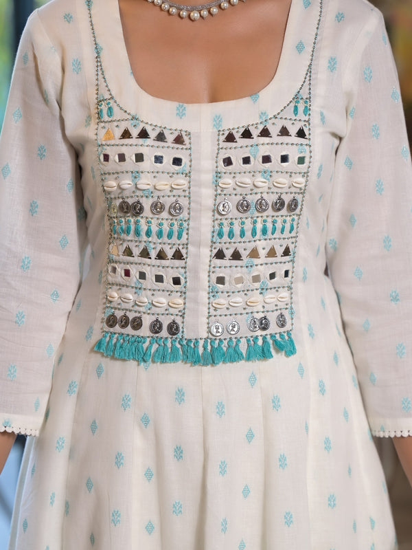 White Green Dabu Print Anarkali Kurta Set