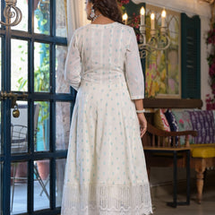 White Green Dabu Print Anarkali Kurta Set