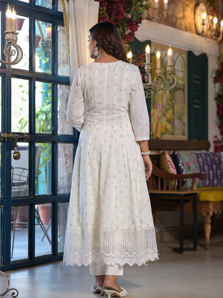 White Green Dabu Print Anarkali Kurta Set