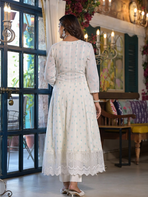 White Green Dabu Print Anarkali Kurta Set