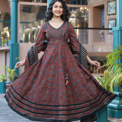 Maroon Ajrakh Print Cotton Anarkali Kurta Set
