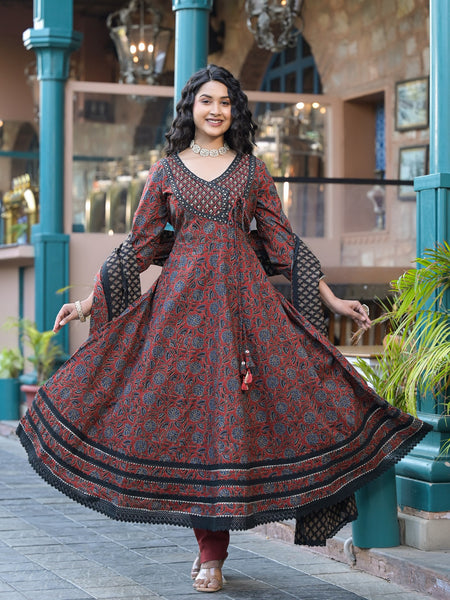 Maroon Ajrakh Print Cotton Anarkali Kurta Set