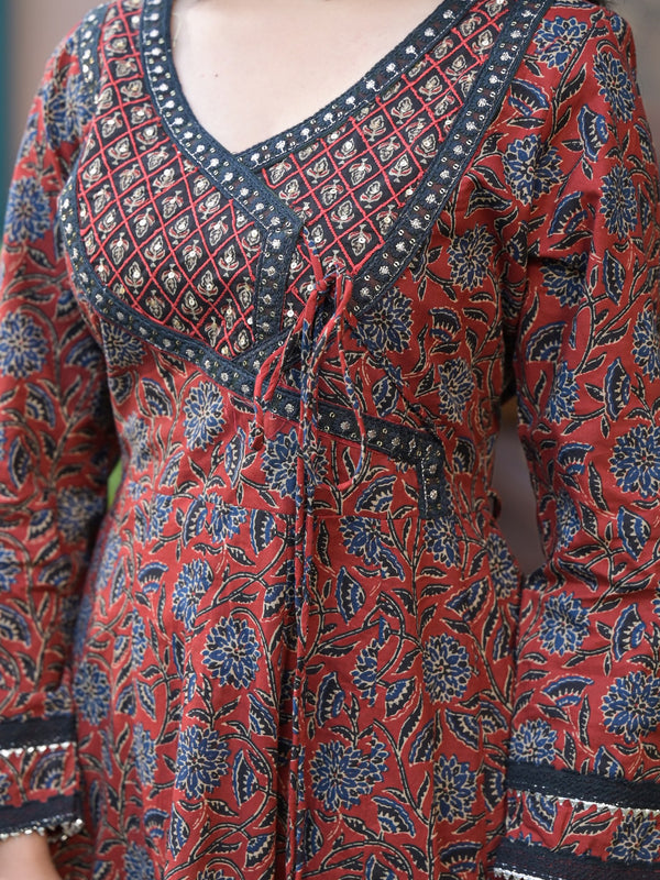 Maroon Ajrakh Print Cotton Anarkali Kurta Set