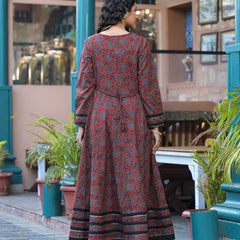 Maroon Ajrakh Print Cotton Anarkali Kurta Set