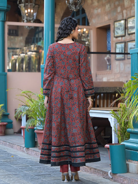Maroon Ajrakh Print Cotton Anarkali Kurta Set
