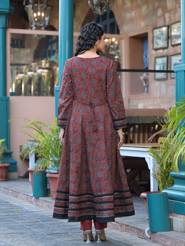 Maroon Ajrakh Print Cotton Anarkali Kurta Set