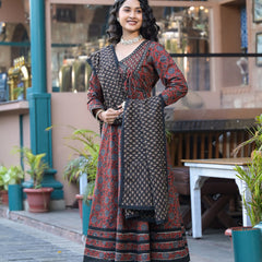 Maroon Ajrakh Print Cotton Anarkali Kurta Set
