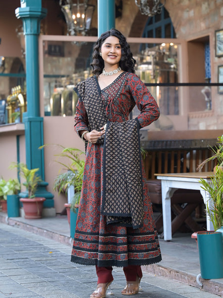 Maroon Ajrakh Print Cotton Anarkali Kurta Set
