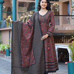 Maroon Ajrakh Print Cotton Anarkali Kurta Set