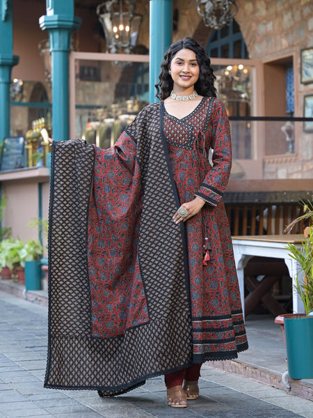 Maroon Ajrakh Print Cotton Anarkali Kurta Set