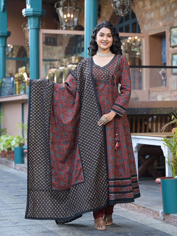 Maroon Ajrakh Print Cotton Anarkali Kurta Set