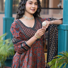 Maroon Ajrakh Print Cotton Anarkali Kurta Set