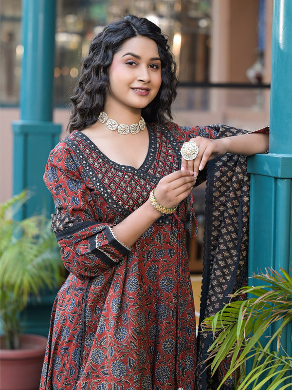 Maroon Ajrakh Print Cotton Anarkali Kurta Set