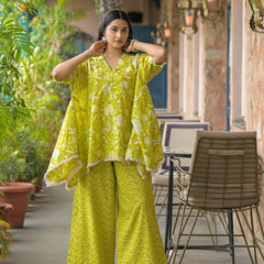Lime Green Printed Cotton Kaftan Co-Ord Set