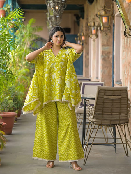 Lime Green Printed Cotton Kaftan Co-Ord Set